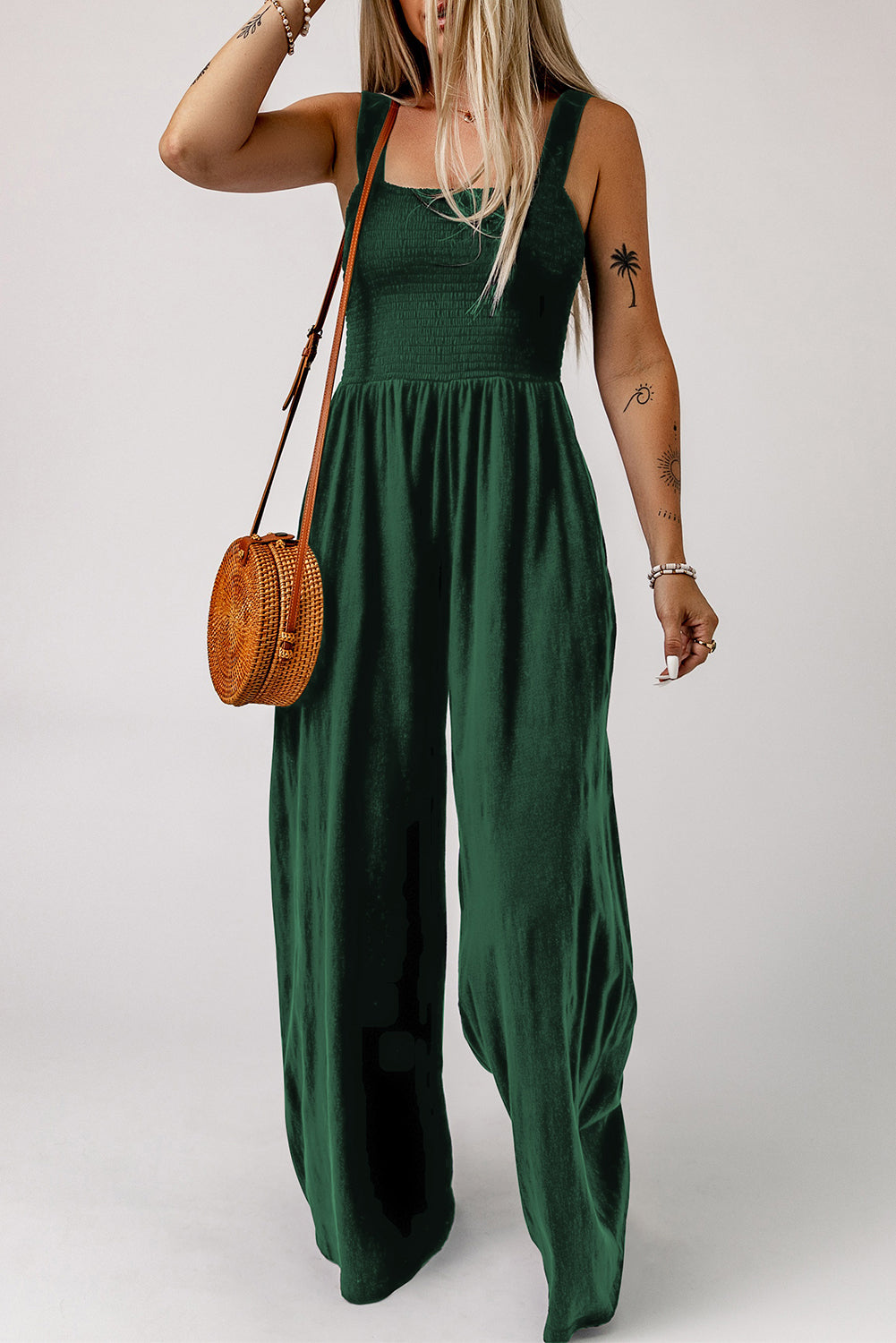 Smocked Square Neck Wide Leg Jumpsuit with Pockets - Sun of the Beach Boutique