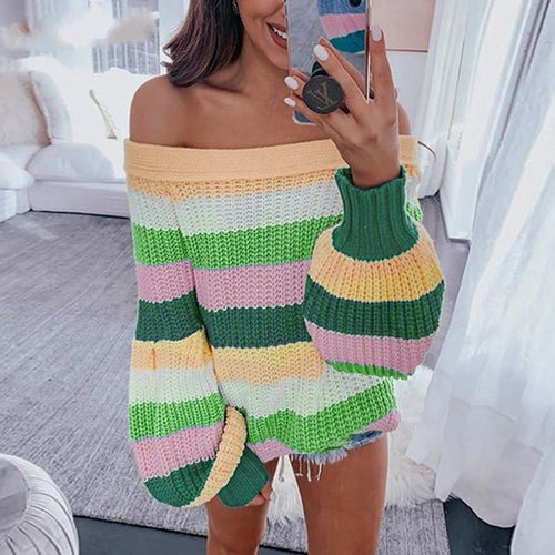 Patchwork Rainbow Off Shoulder Oversize Sweater - Sun of the Beach Boutique