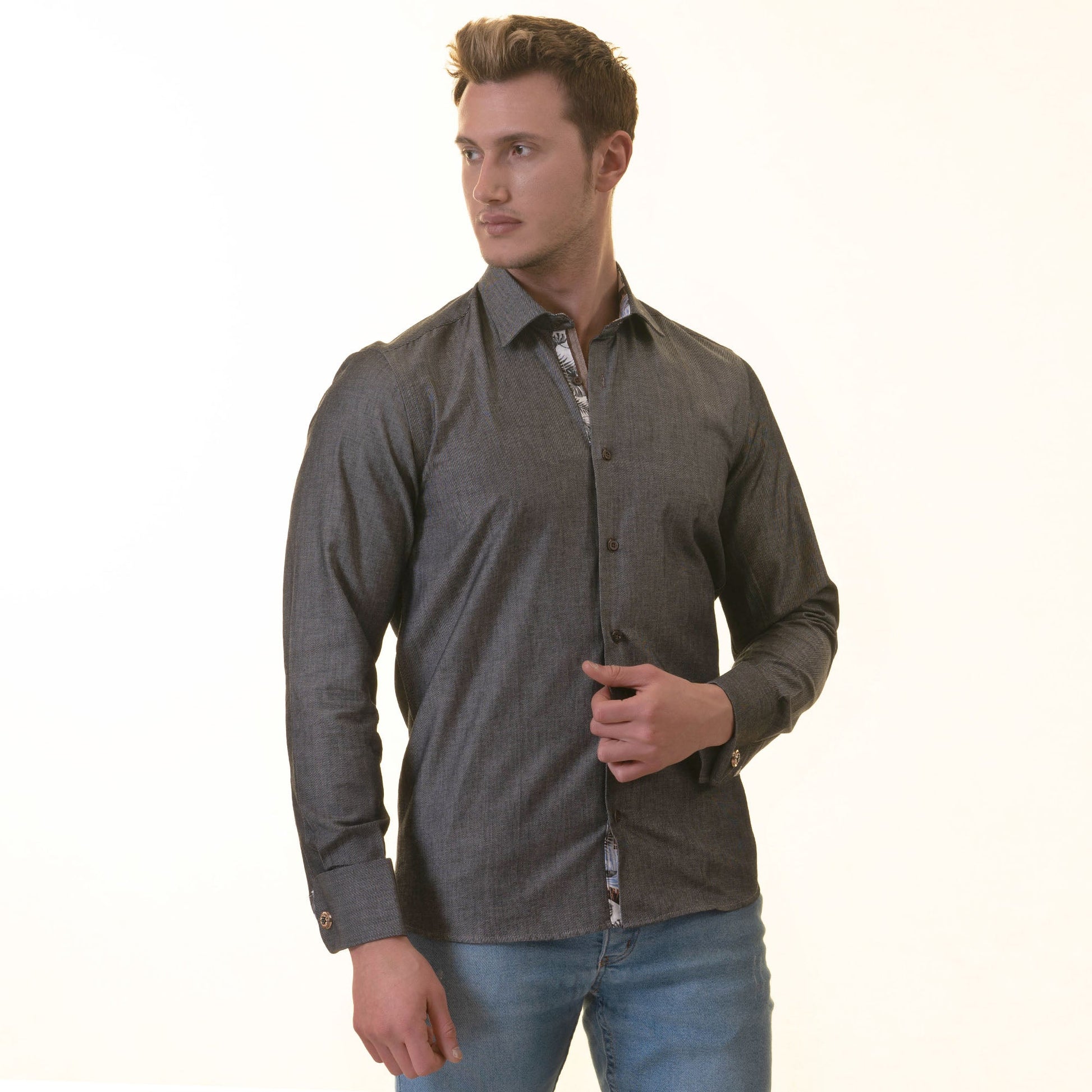 Gray inside Tropical Printed Mens Slim Fit Designer Dress Shirt - Sun of the Beach Boutique