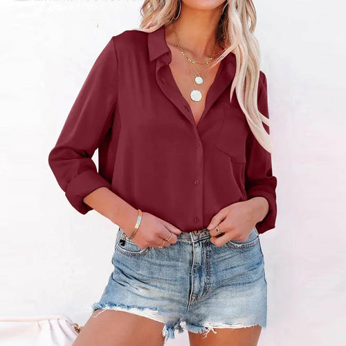 Solid Long Sleeves Lapel Office Satin Blouse - Sun of the Beach Boutique