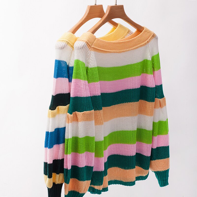 Patchwork Rainbow Off Shoulder Oversize Sweater - Sun of the Beach Boutique