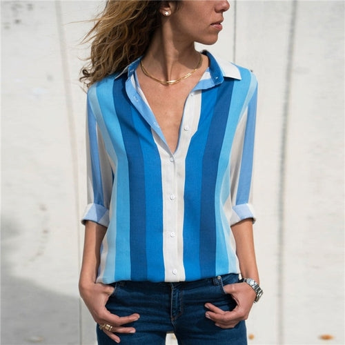 Striped Blouse Women Long Sleeve Turn Down Collar - Sun of the Beach Boutique