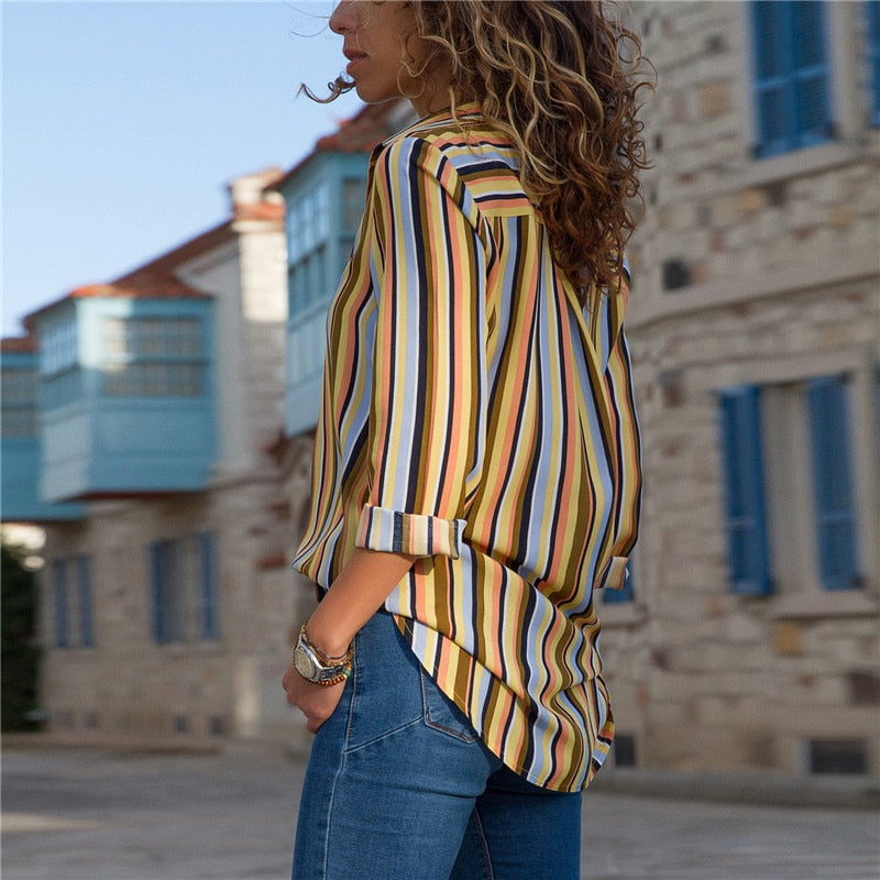Striped Blouse Women Long Sleeve Turn Down Collar - Sun of the Beach Boutique