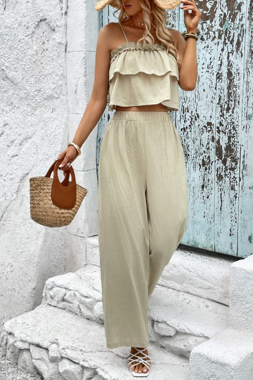 Frill Trim Cami and Wide Leg Pants Set - Sun of the Beach Boutique