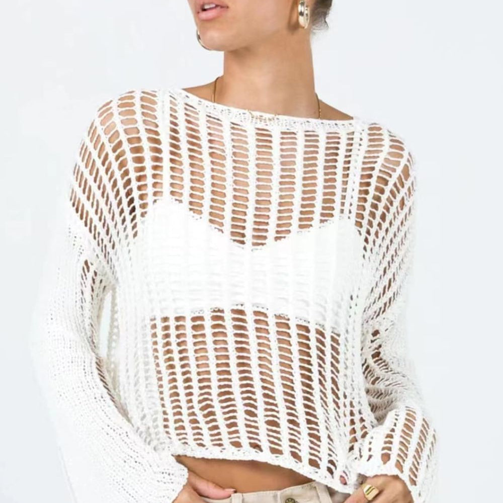 Openwork Boat Neck Long Sleeve Cover Up - Sun of the Beach Boutique