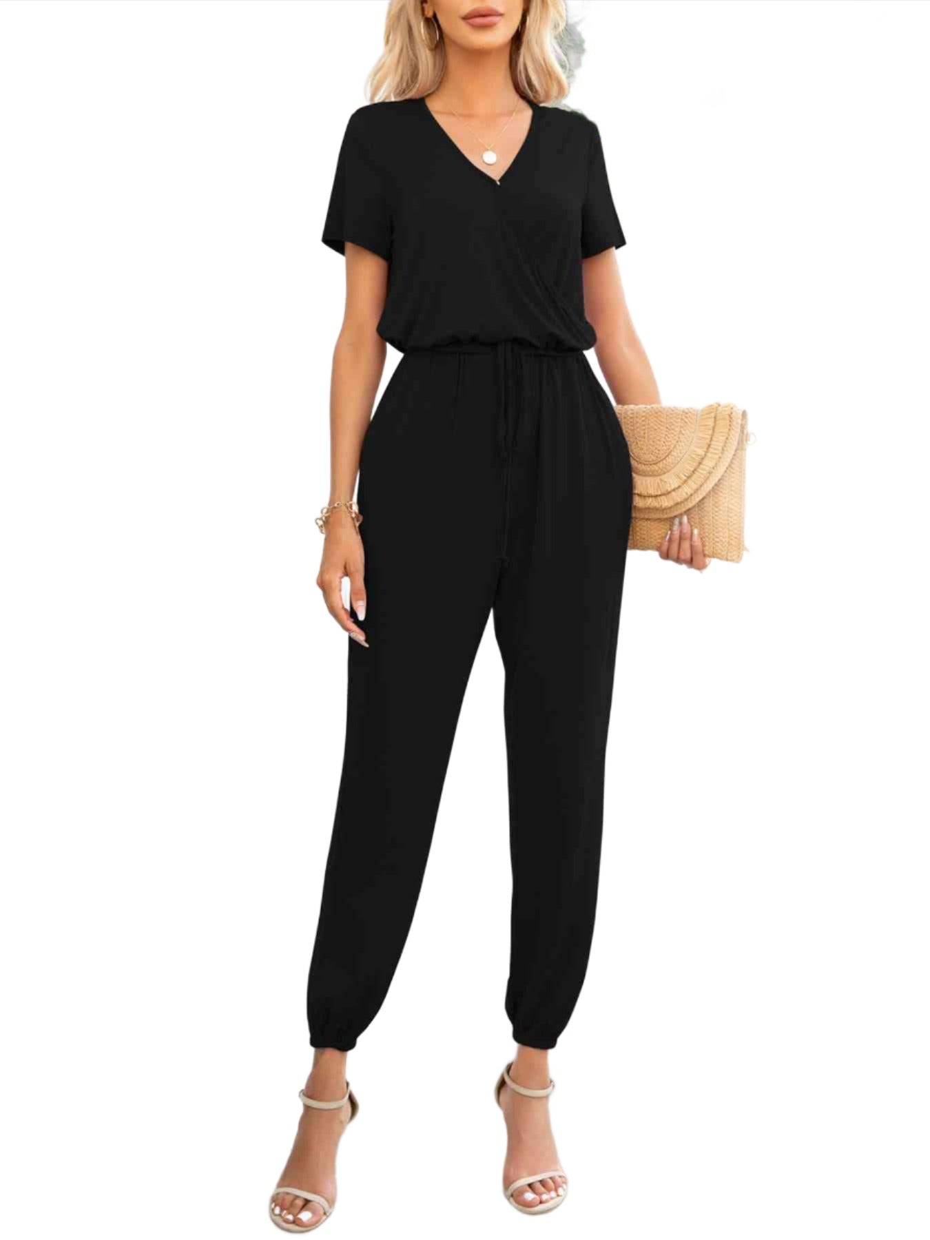 Short Sleeve V-Neck Jumpsuit with Pockets