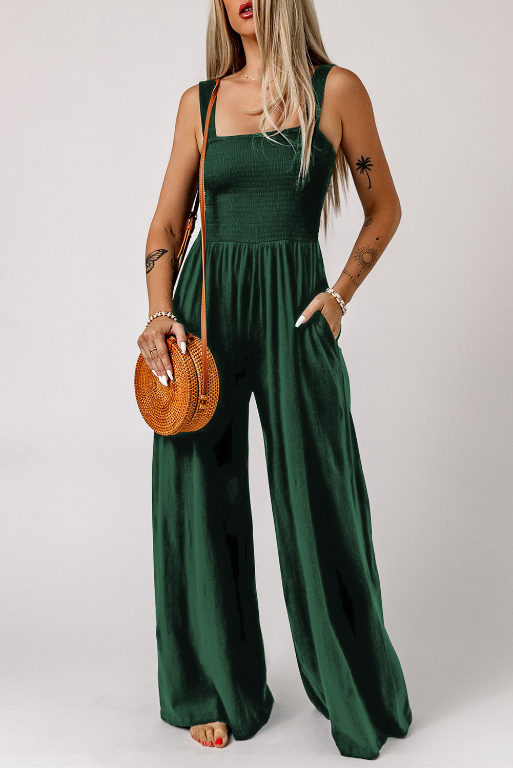 Smocked Square Neck Wide Leg Jumpsuit with Pockets - Sun of the Beach Boutique