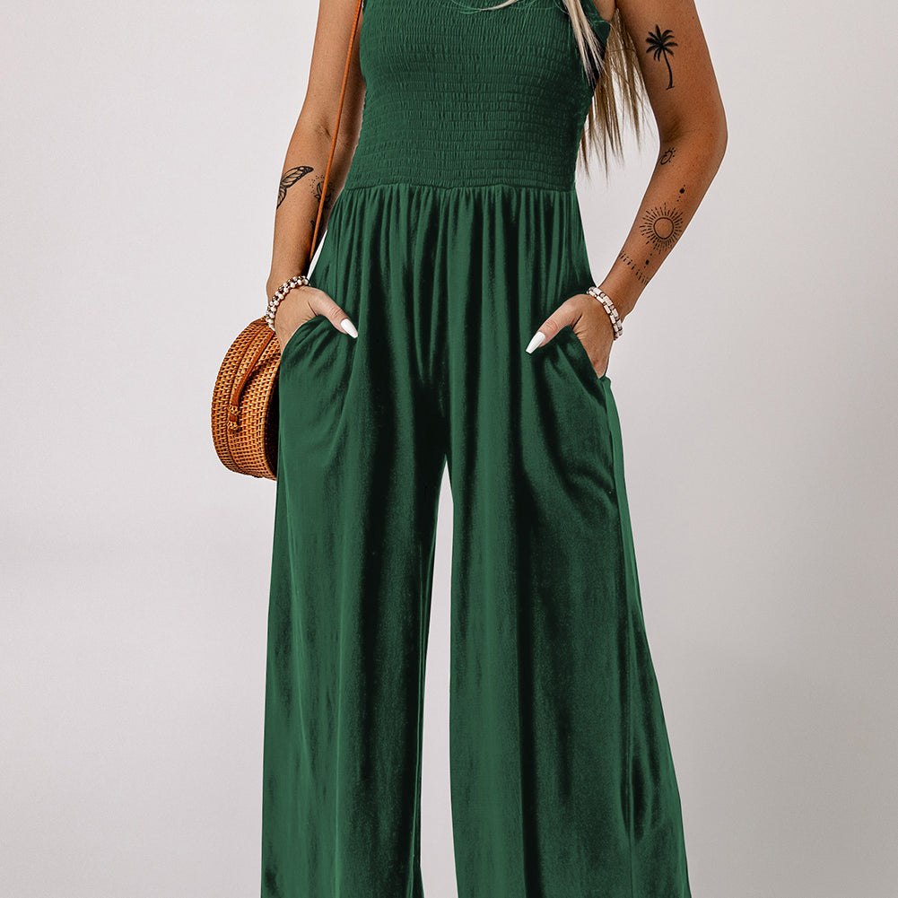 Smocked Square Neck Wide Leg Jumpsuit with Pockets - Sun of the Beach Boutique