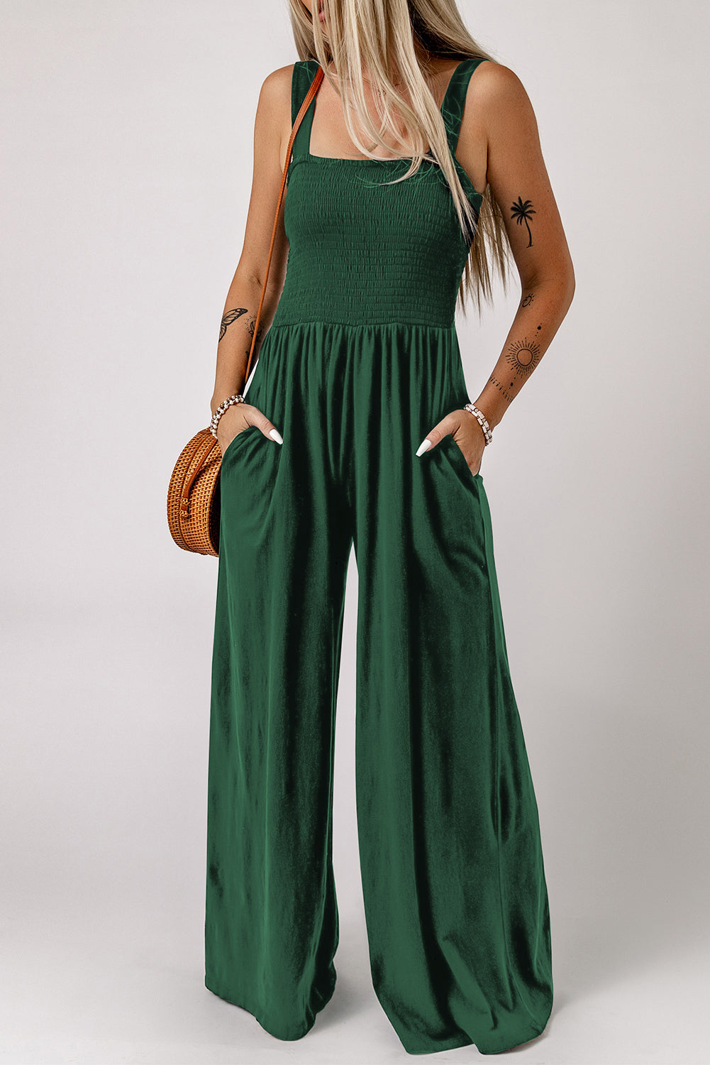 Smocked Square Neck Wide Leg Jumpsuit with Pockets - Sun of the Beach Boutique