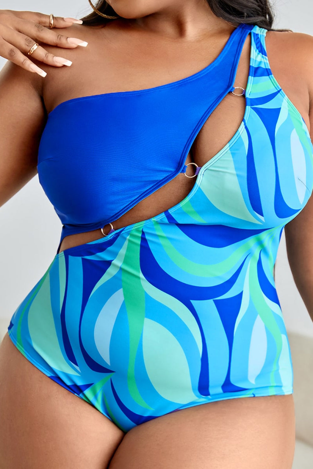Printed Ring Detail One-Shoulder One-Piece Swimsuit - Sun of the Beach Boutique