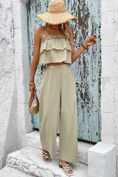 Frill Trim Cami and Wide Leg Pants Set - Sun of the Beach Boutique