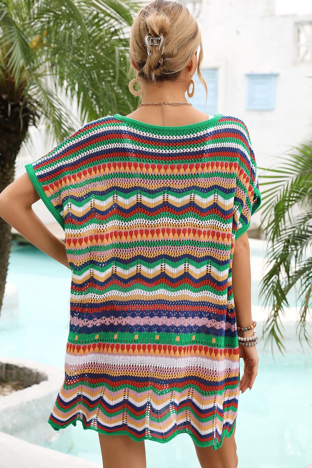 Rainbow Stripe Scalloped V-Neck Cover-Up Dress - Sun of the Beach Boutique