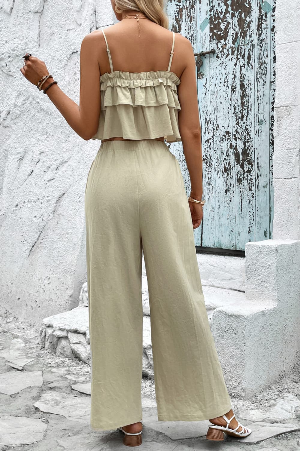 Frill Trim Cami and Wide Leg Pants Set - Sun of the Beach Boutique
