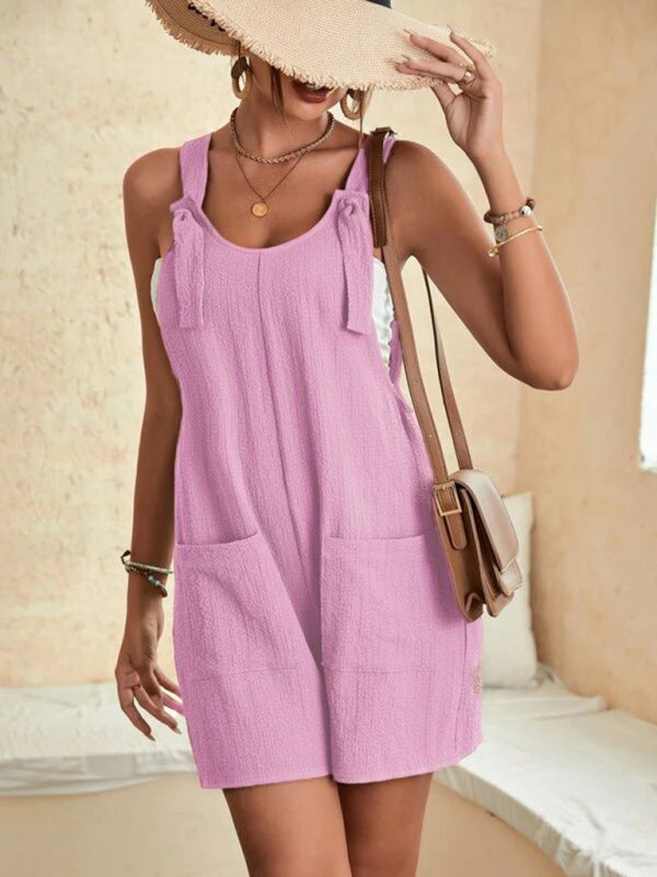 Solid Color Patch Pocket Lace Up Casual Overalls - Sun of the Beach Boutique